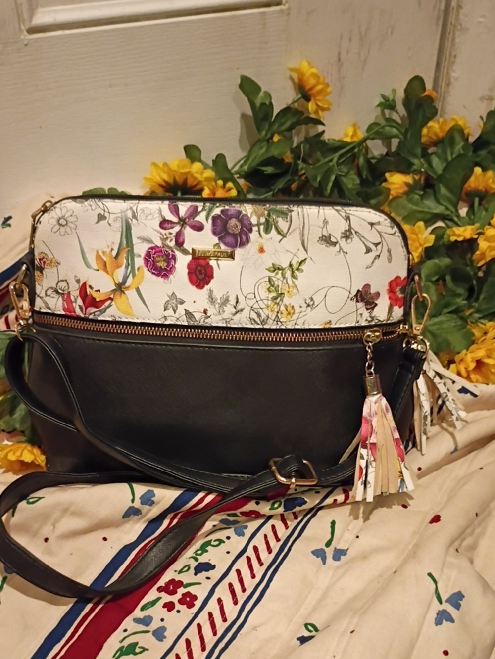 River Island Black and White Floral Crossbody Bag with Tassel